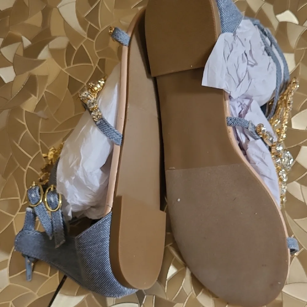 Shoe Dazzle Gold Crystal & Denim Gladiator Sandals - Picture 6 of 12